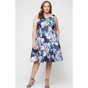Alex Evenings Plus Size Dress Navy Blue Floral Fit & Flare 18W NWT Wedding Guest